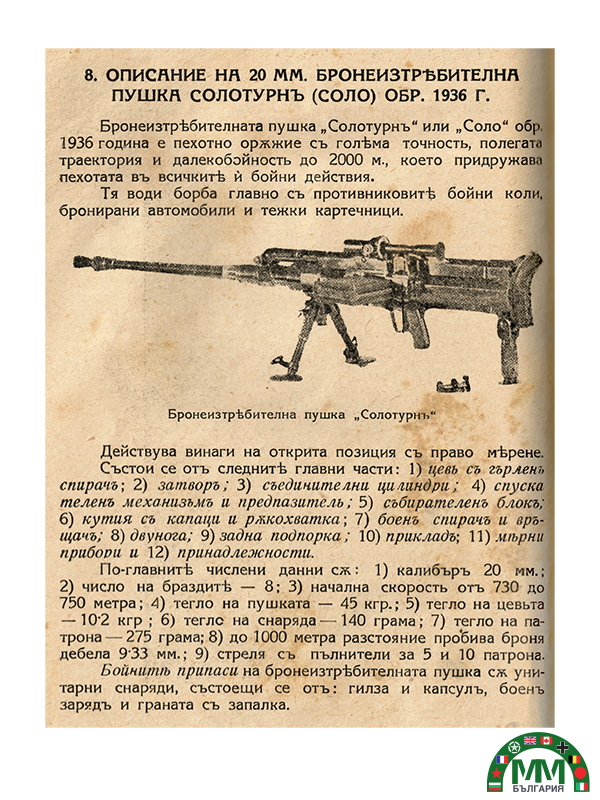 Descriptif technique bulgare fusil antichar 20 mm « Solothurn »
